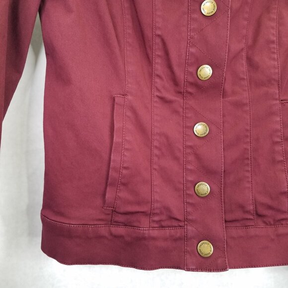 Coldwater Creek Jean Jacket Women's 4-6 Sm Maroon Denim Gold Snaps Buckle Back - Picture 3 of 14